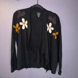 Aaeda Womens Black Floral Applique Waterfall Cardigan Sweater Cabincore Sz M